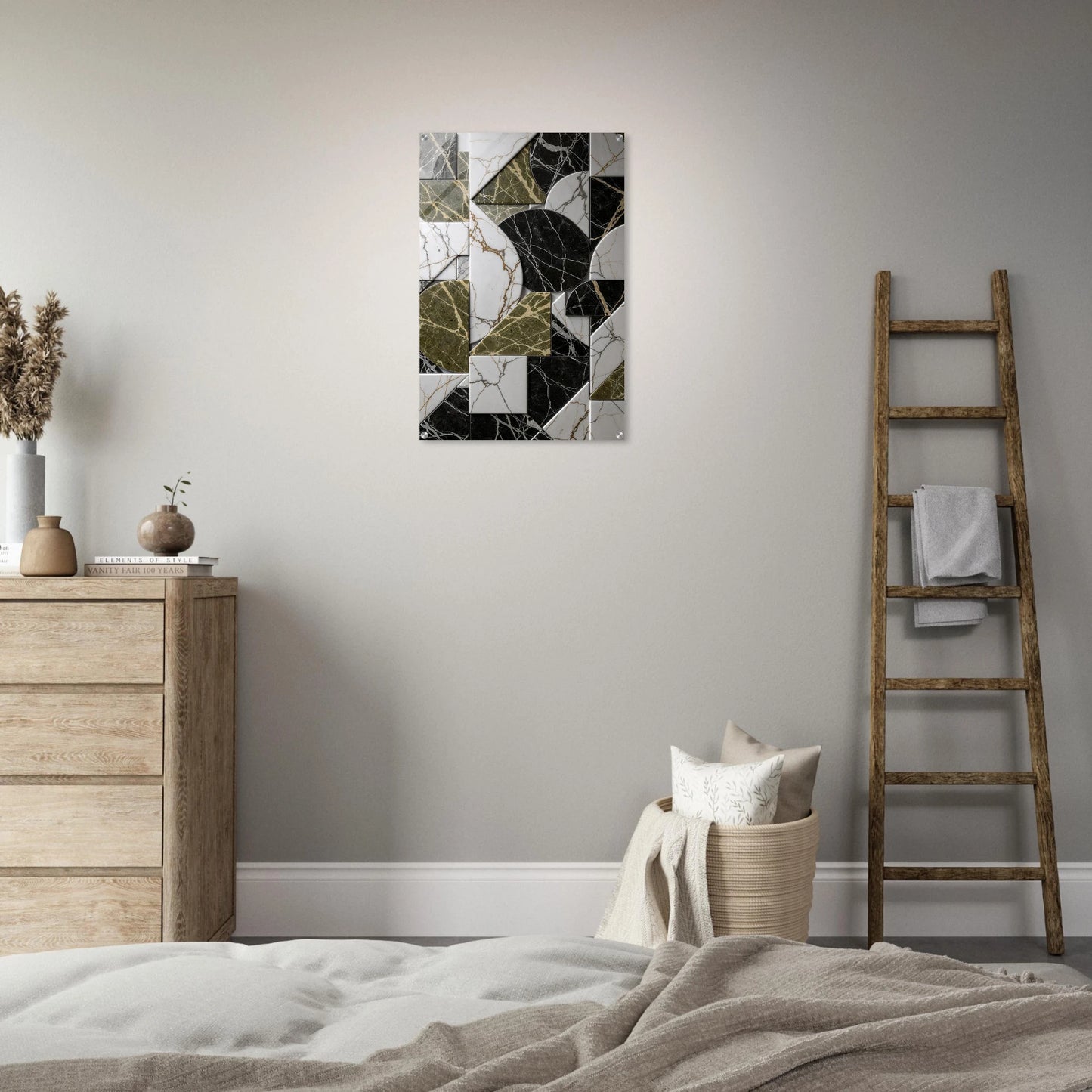 Bedroom interior with a abstract wall art piece, wooden ladder, and dresser.