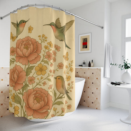 Shower curtain with floral and bird design in a bathroom setting