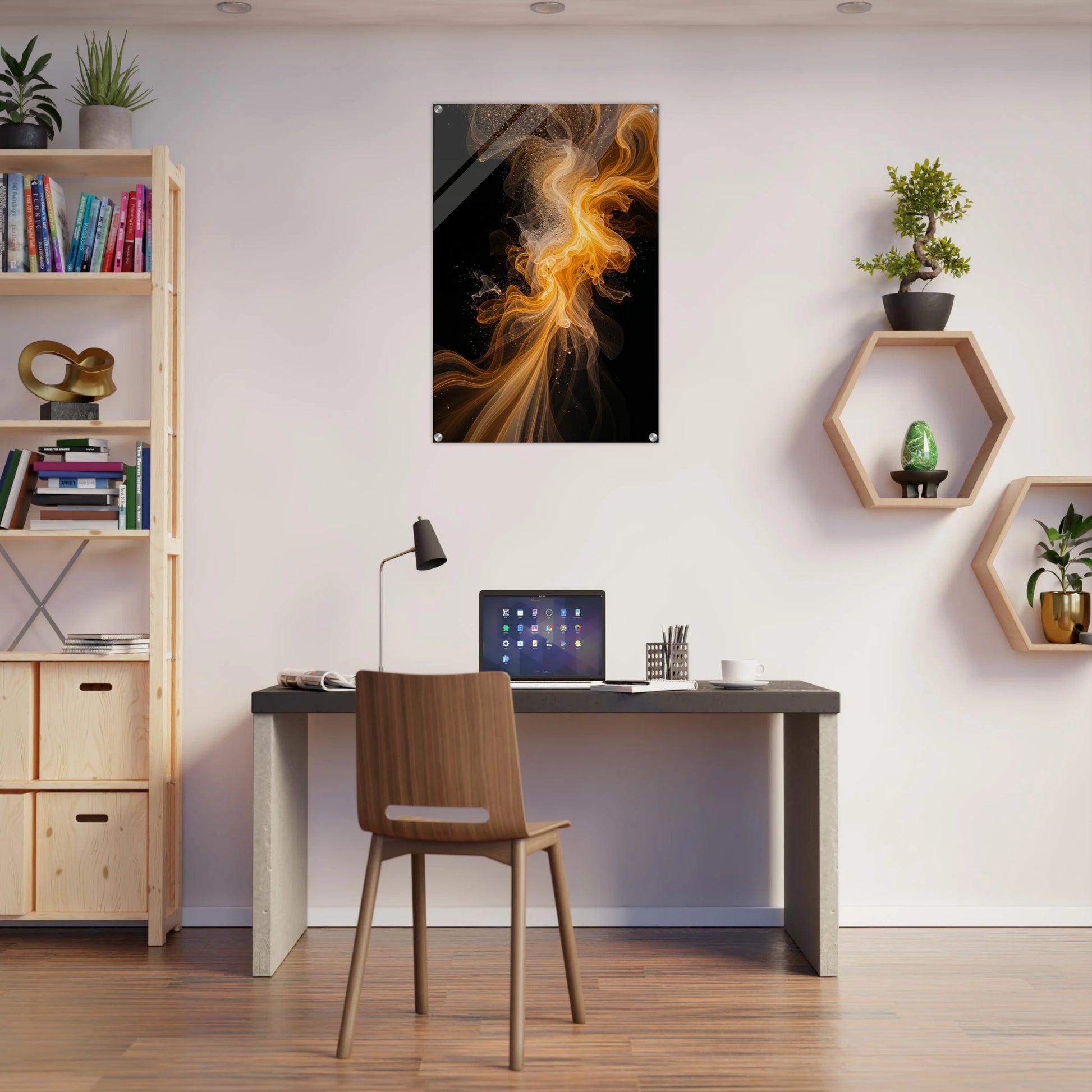 Modern home office with a desk, chair, and wall art