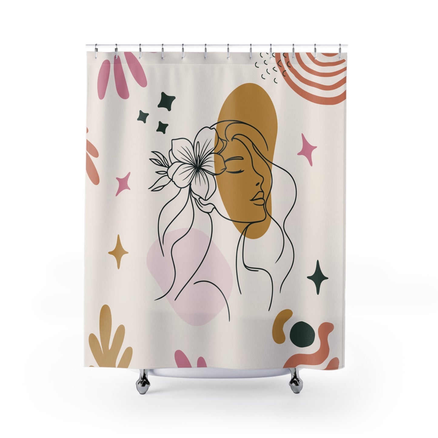 Shower curtain with abstract design of a woman's face and floral elements on a beige background