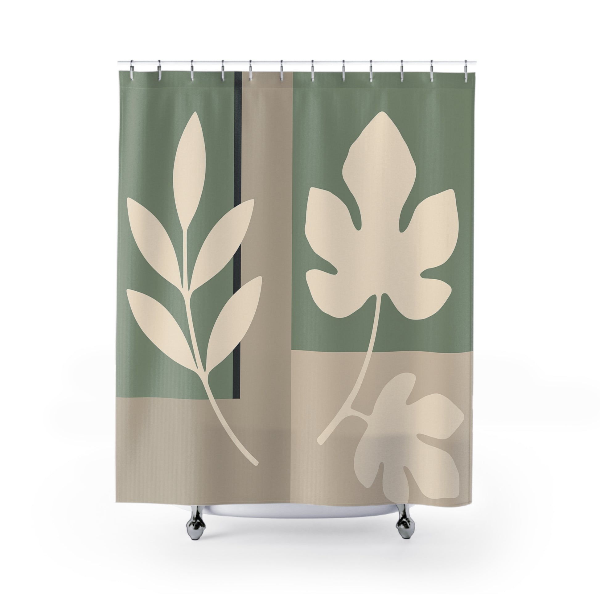 Shower curtain with leaf pattern on a white background