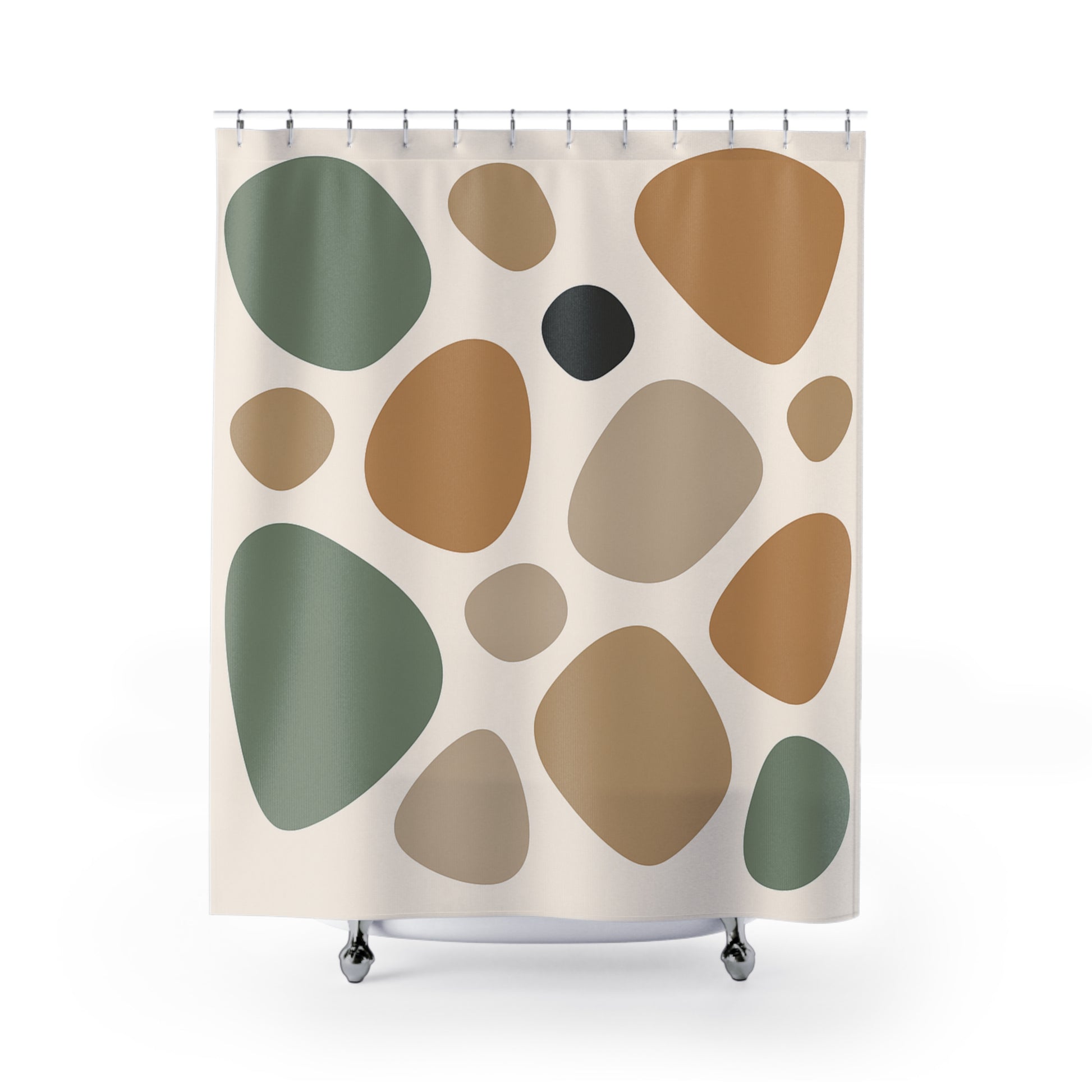 Shower curtain with abstract pattern of green, brown, and beige shapes on a white background