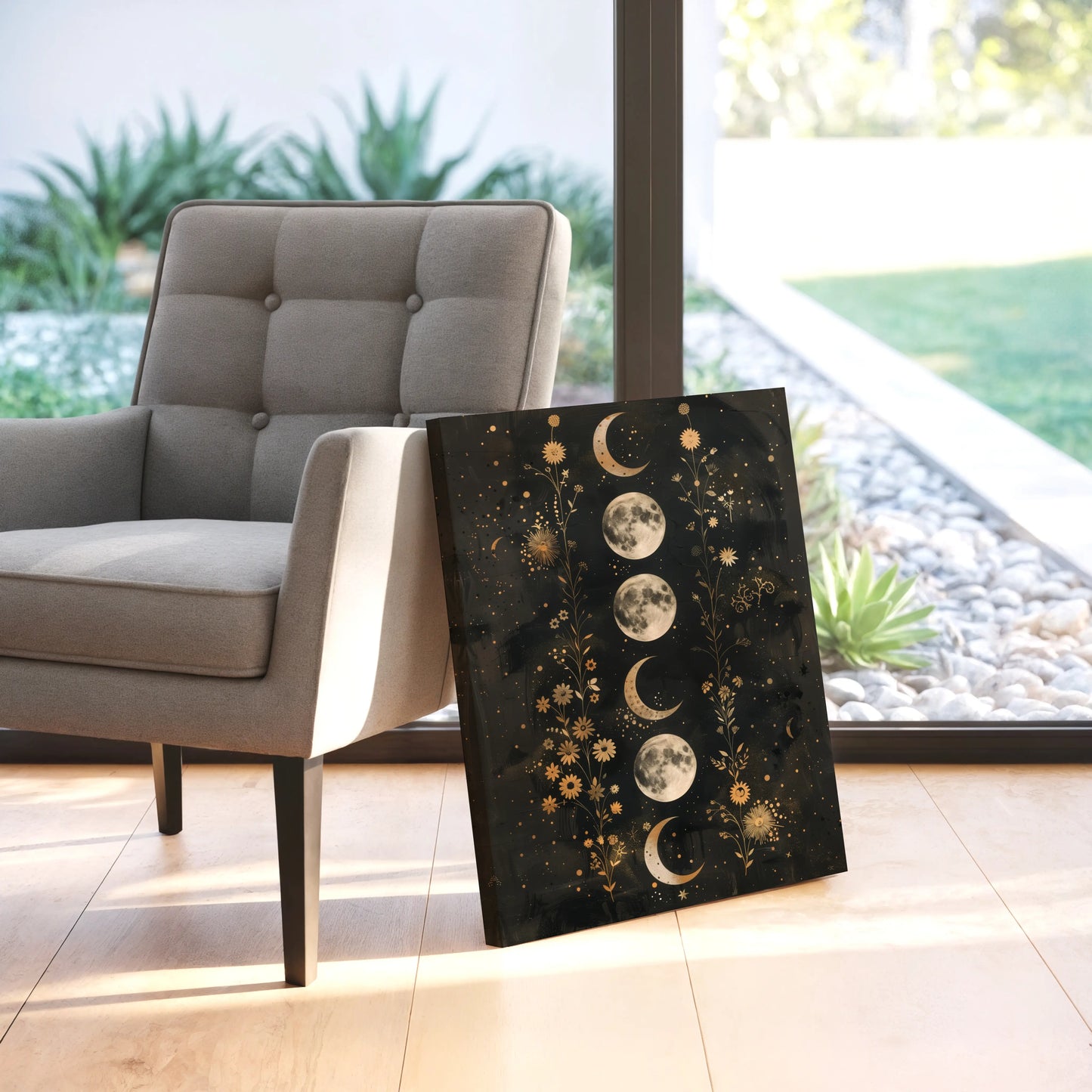 Celestial Moon Phases Canvas Wall Art – Gold Botanical Night Sky Wall Decor