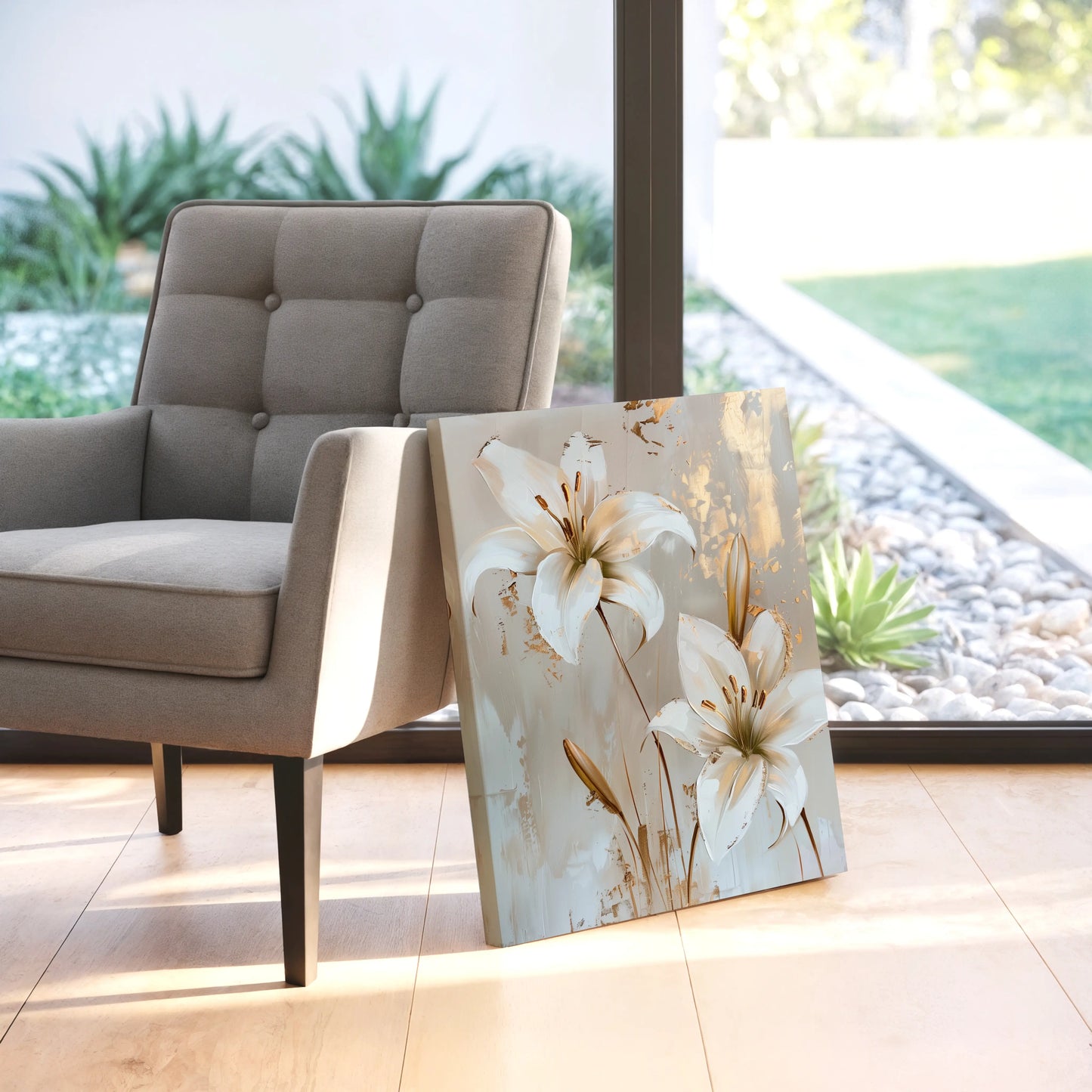 White Lilies with Gold Accents Canvas Wall Art - Modern Floral Elegance