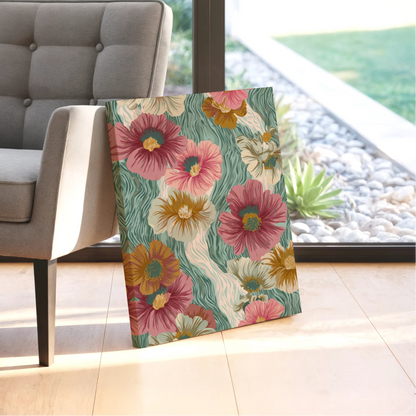 Floral-patterned towel on a chair next to a window with a garden view