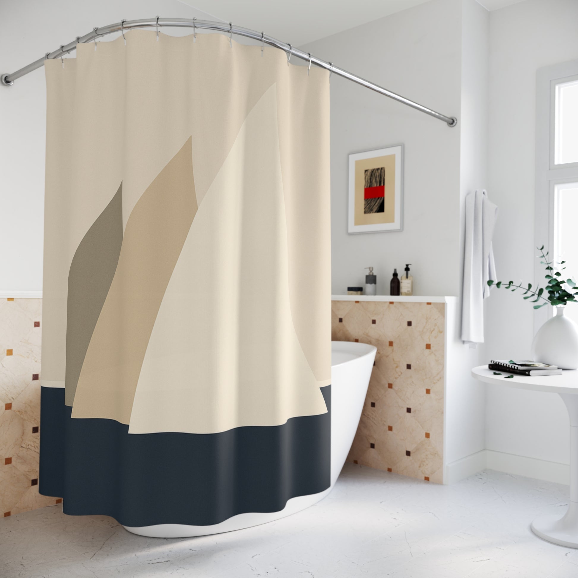 Beige and navy shower curtain in a bathroom setting