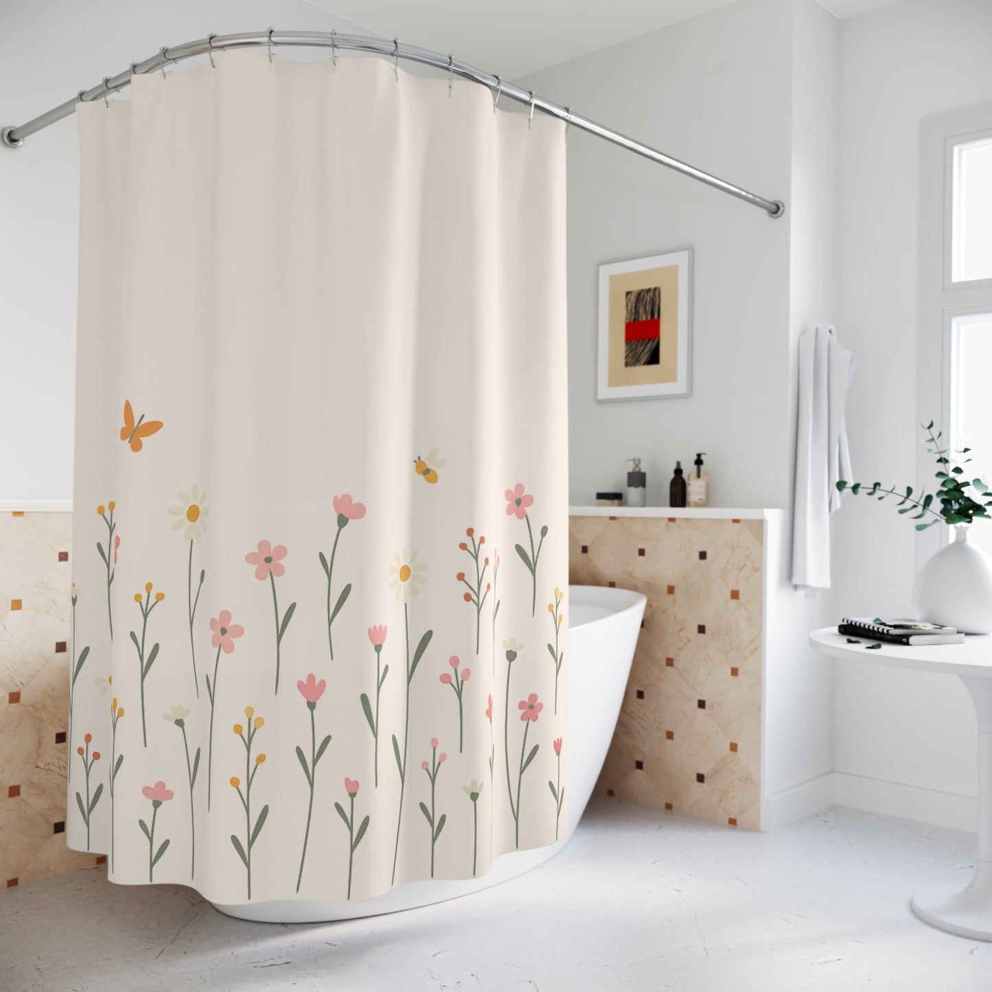 Shower curtain with floral design in a bathroom setting