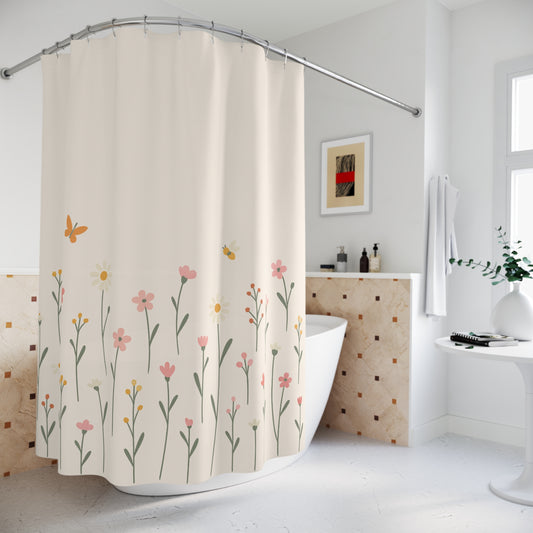 Shower curtain with floral design in a bathroom setting