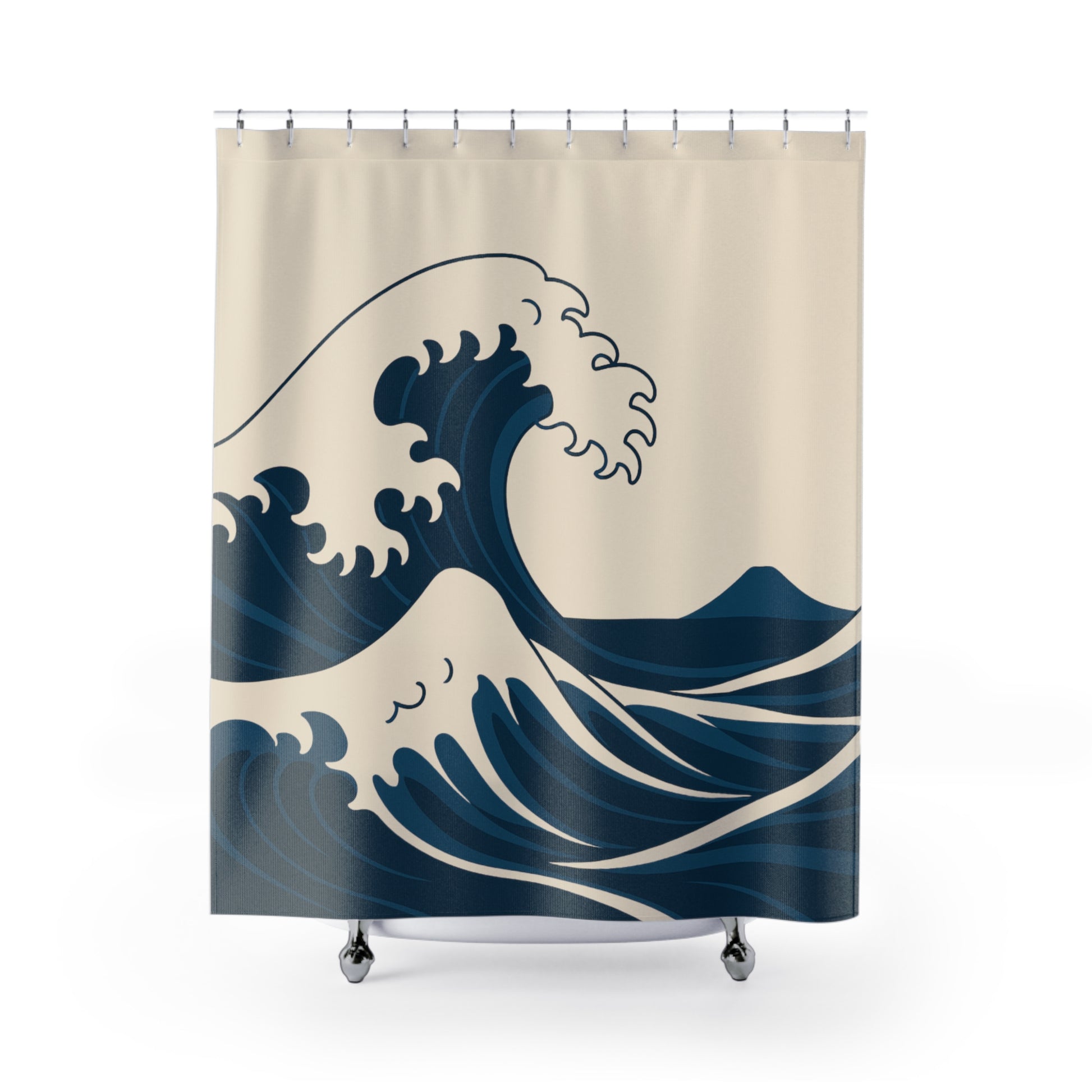 Shower curtain with wave design on a beige background