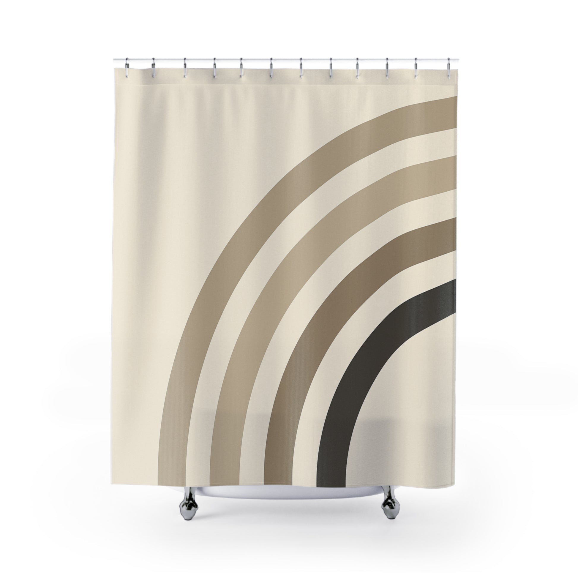 Shower curtain with wavy beige and brown pattern on a white background
