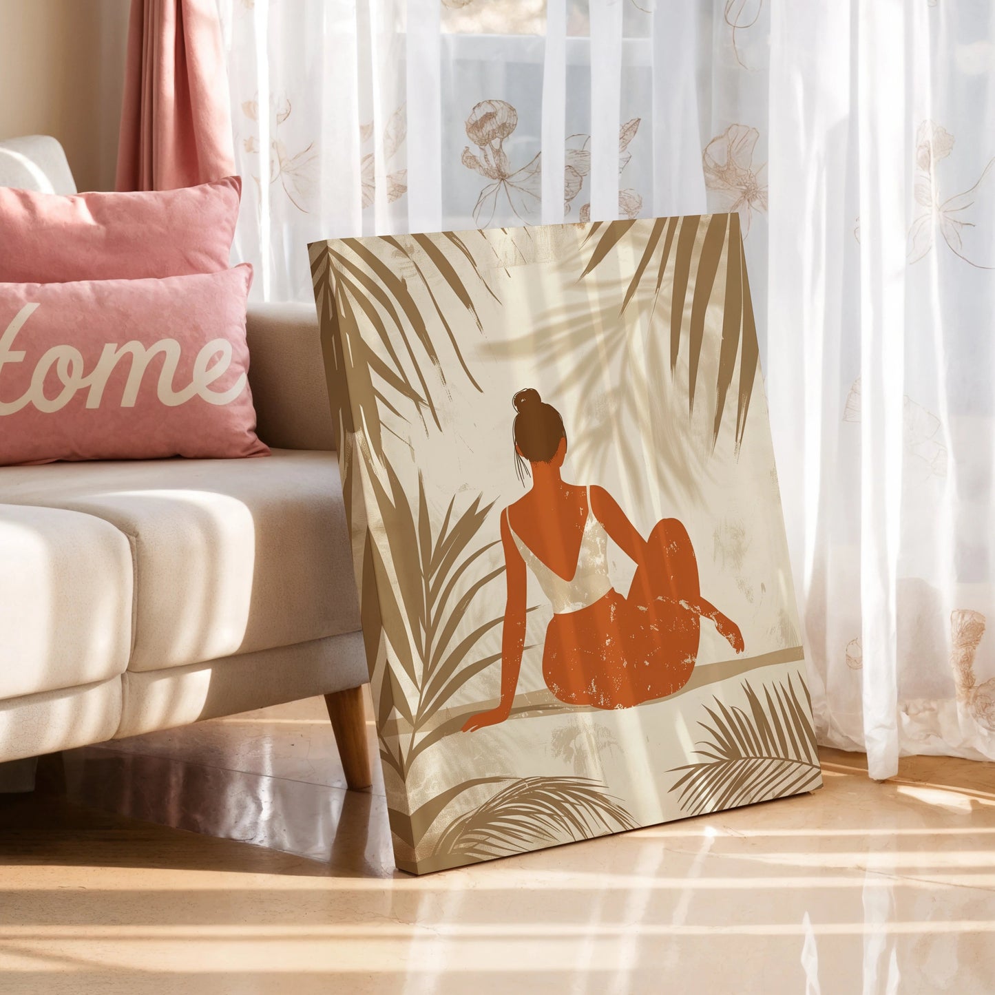 Decorative pillow with a woman sitting under palm leaves on a couch with 'Home' pillow.