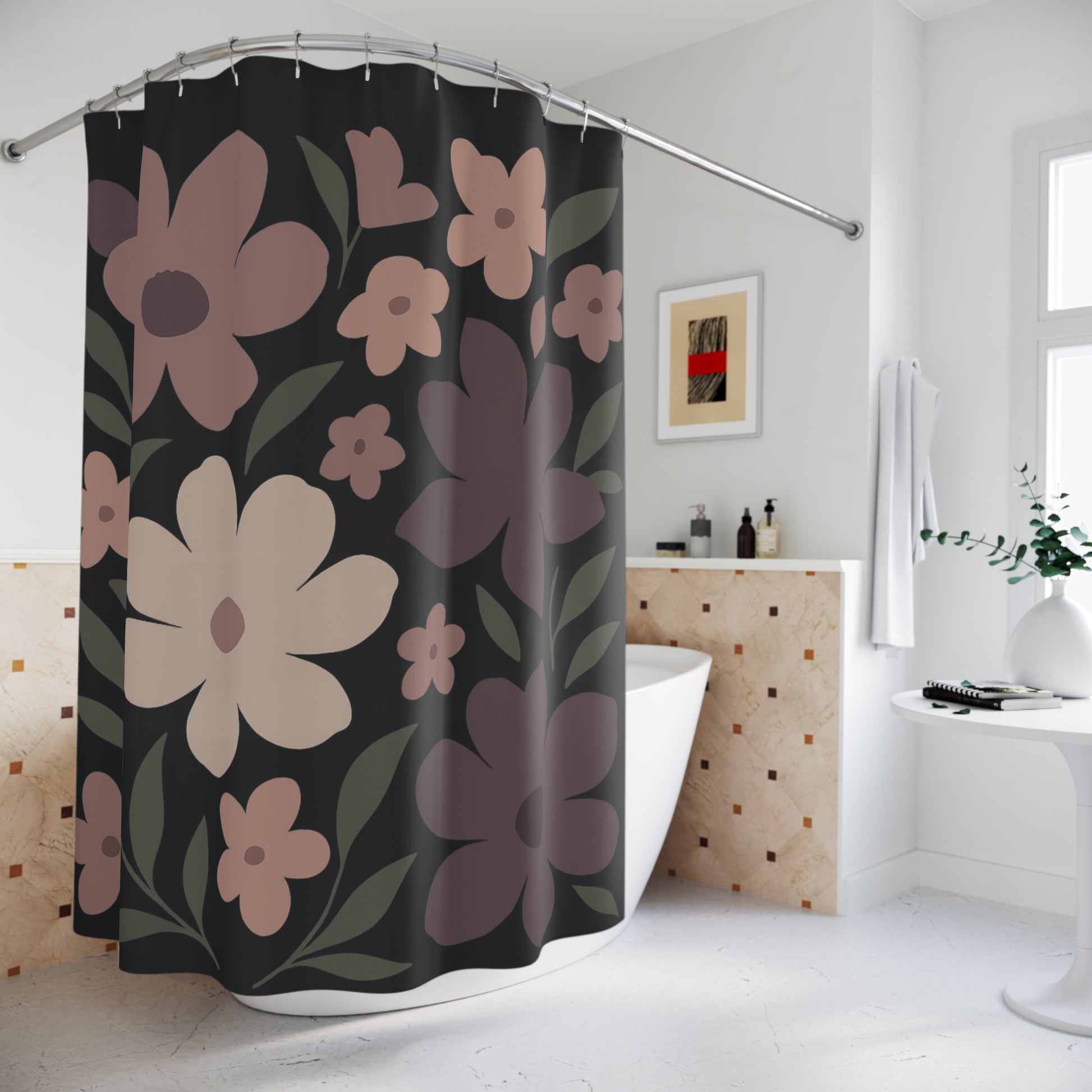Floral shower curtain with pink and purple flowers on a black background in a bathroom.