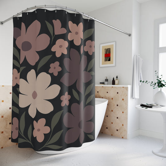 Floral shower curtain with pink and purple flowers on a black background in a bathroom.