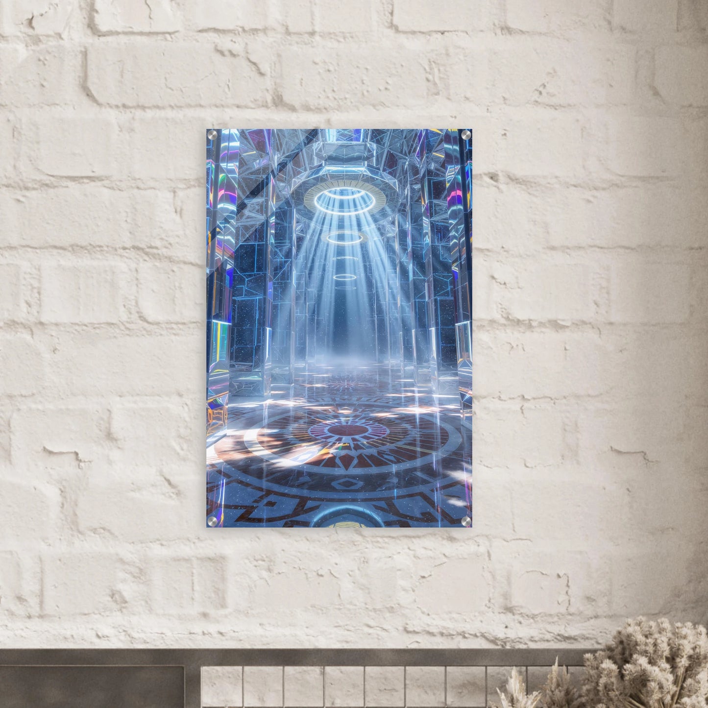 artwork of a futuristic interior design on a white brick wall.