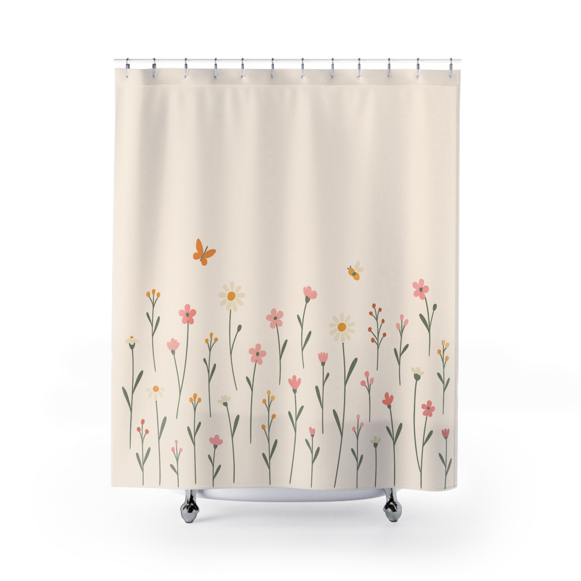 Shower curtain with floral design on a beige background