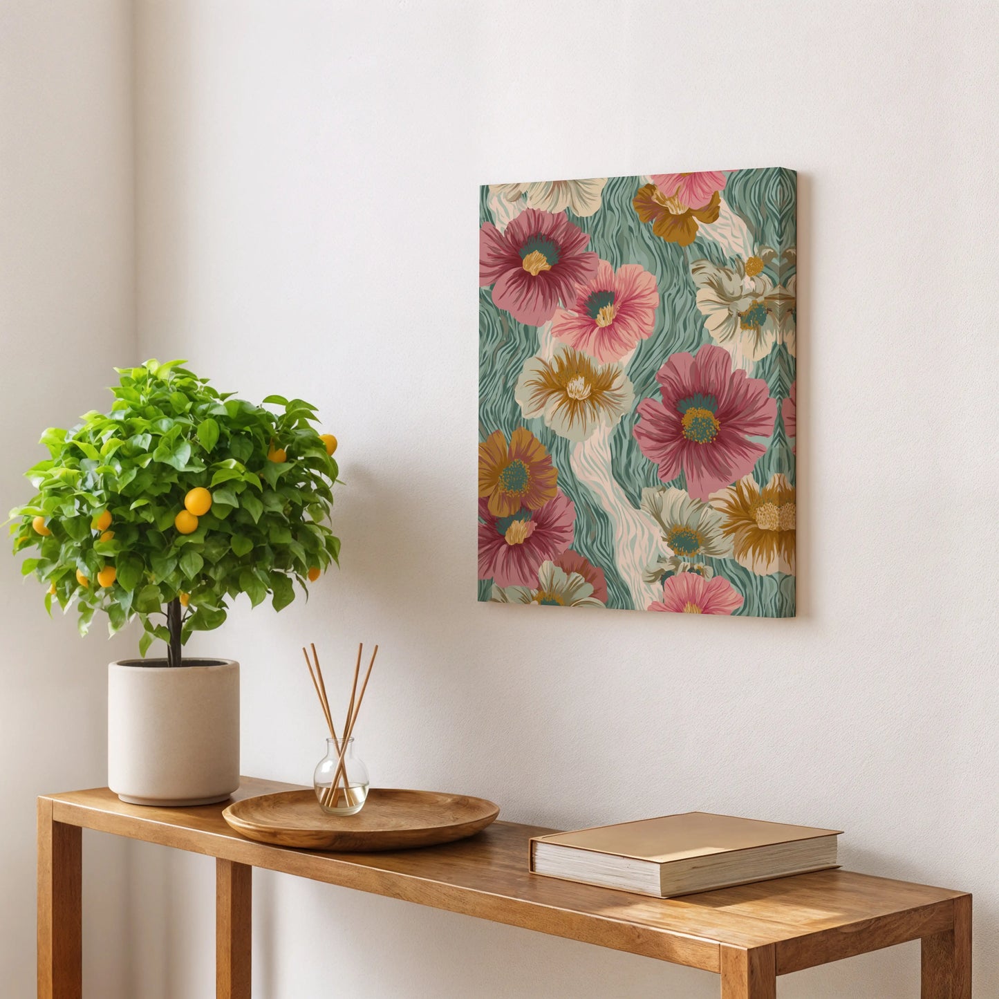 Boho Floral Canvas Wall Art – Vintage Botanical Flower Print in Teal & Warm Tones