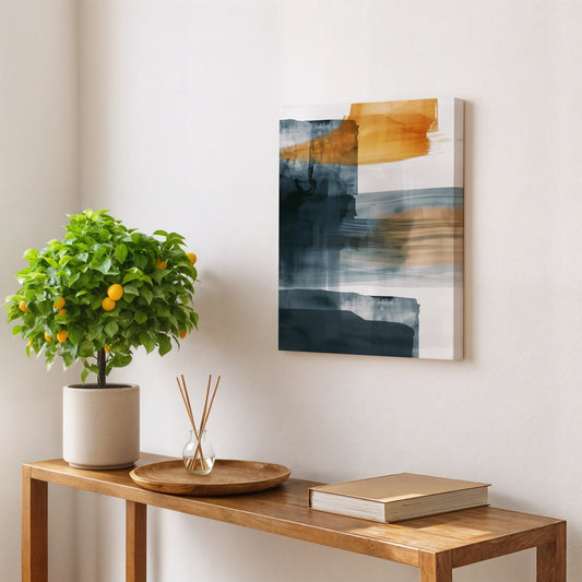 Modern Abstract Canvas Wall Art – Navy Blue & Gold Textured Minimalist Design