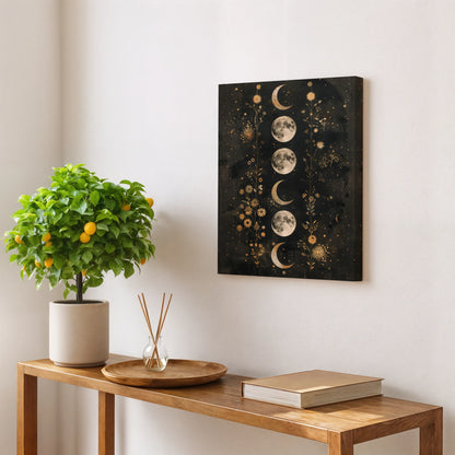 Celestial Moon Phases Canvas Wall Art – Gold Botanical Night Sky Wall Decor