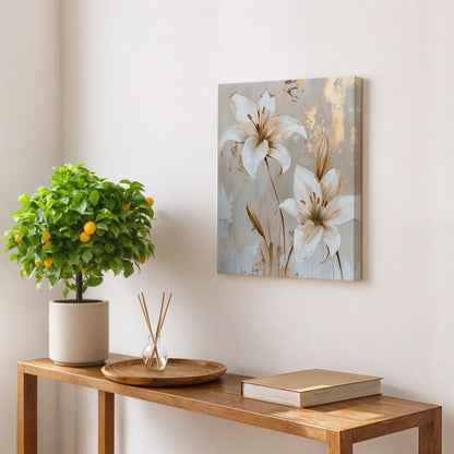 White Lilies with Gold Accents Canvas Wall Art - Modern Floral Elegance
