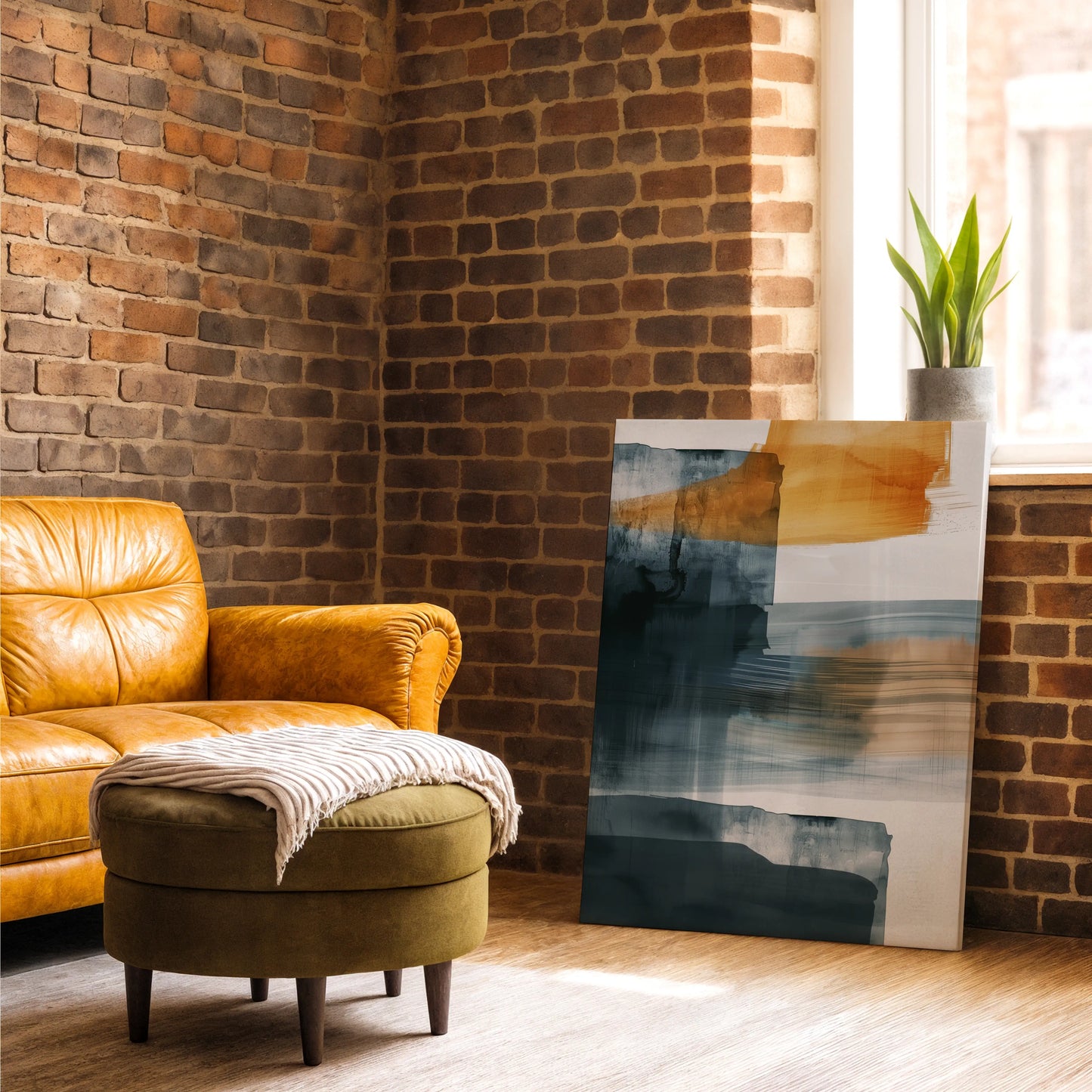 Modern Abstract Canvas Wall Art – Navy Blue & Gold Textured Minimalist Design