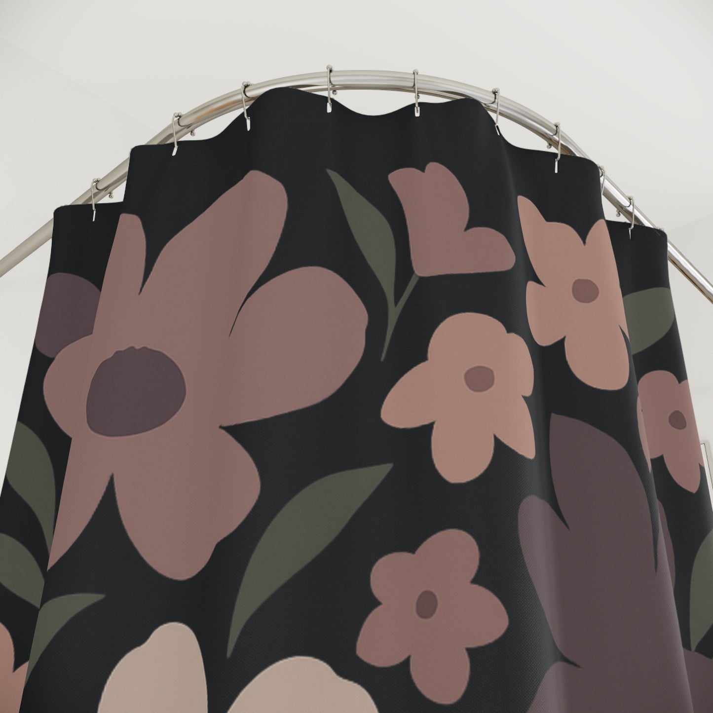 Floral shower curtain with pink flowers on a black background