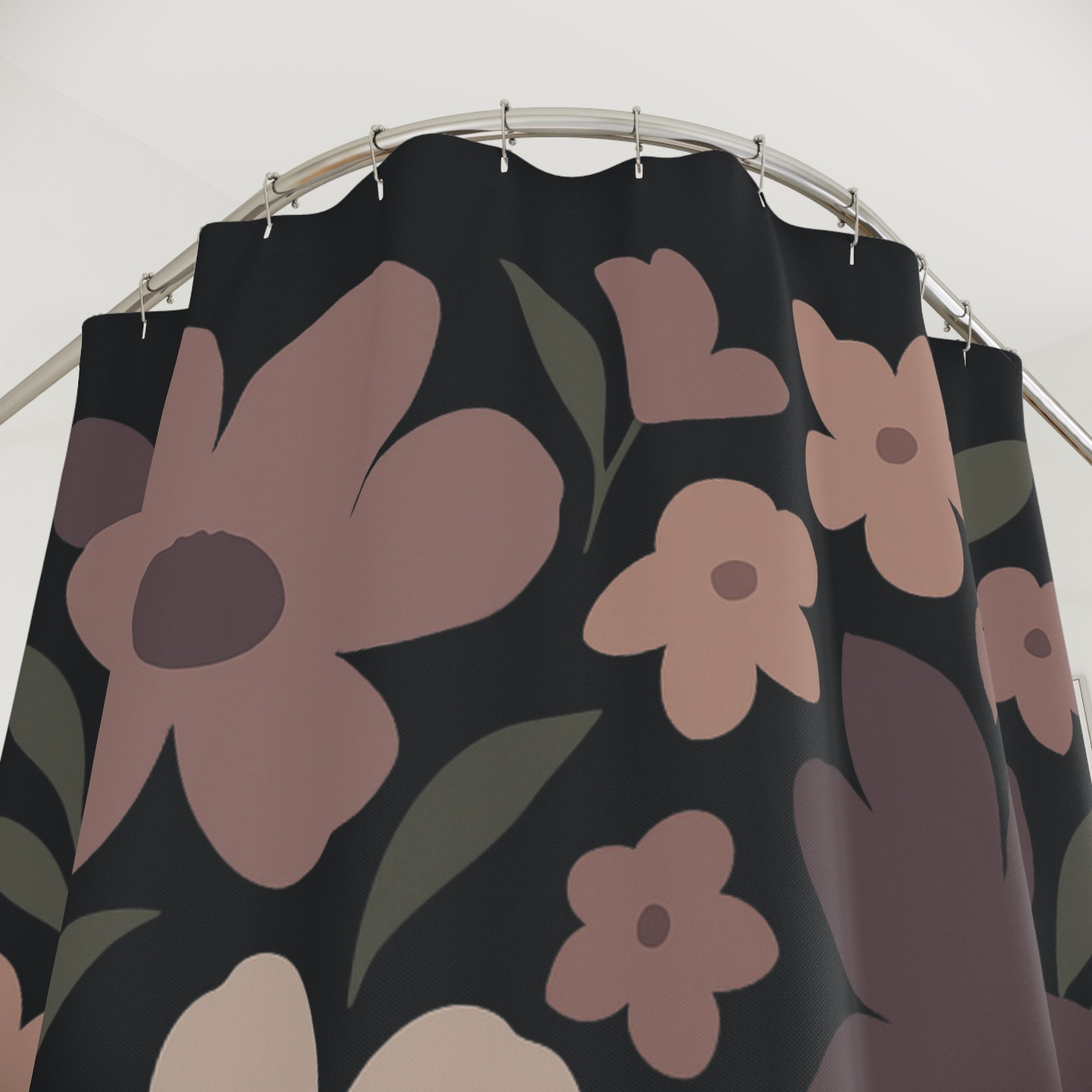 Floral shower curtain with pink flowers on a black background
