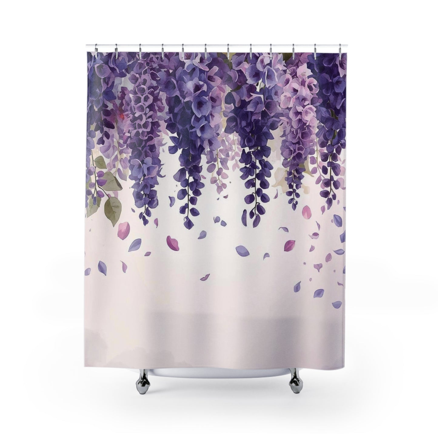 Shower curtain with wisteria flower design on a white background