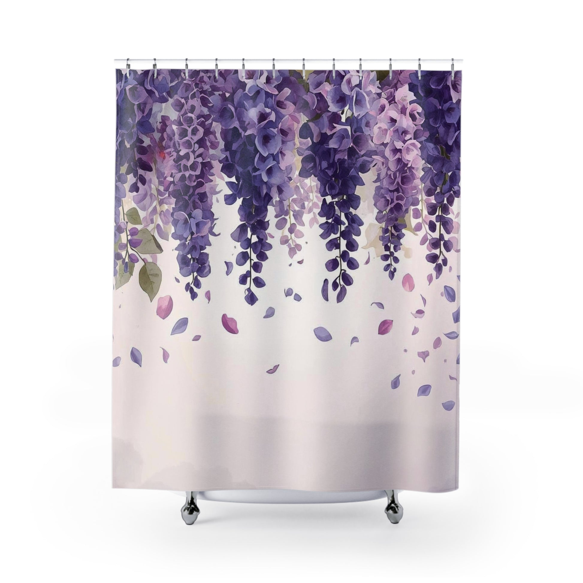 Shower curtain with wisteria flower design on a white background