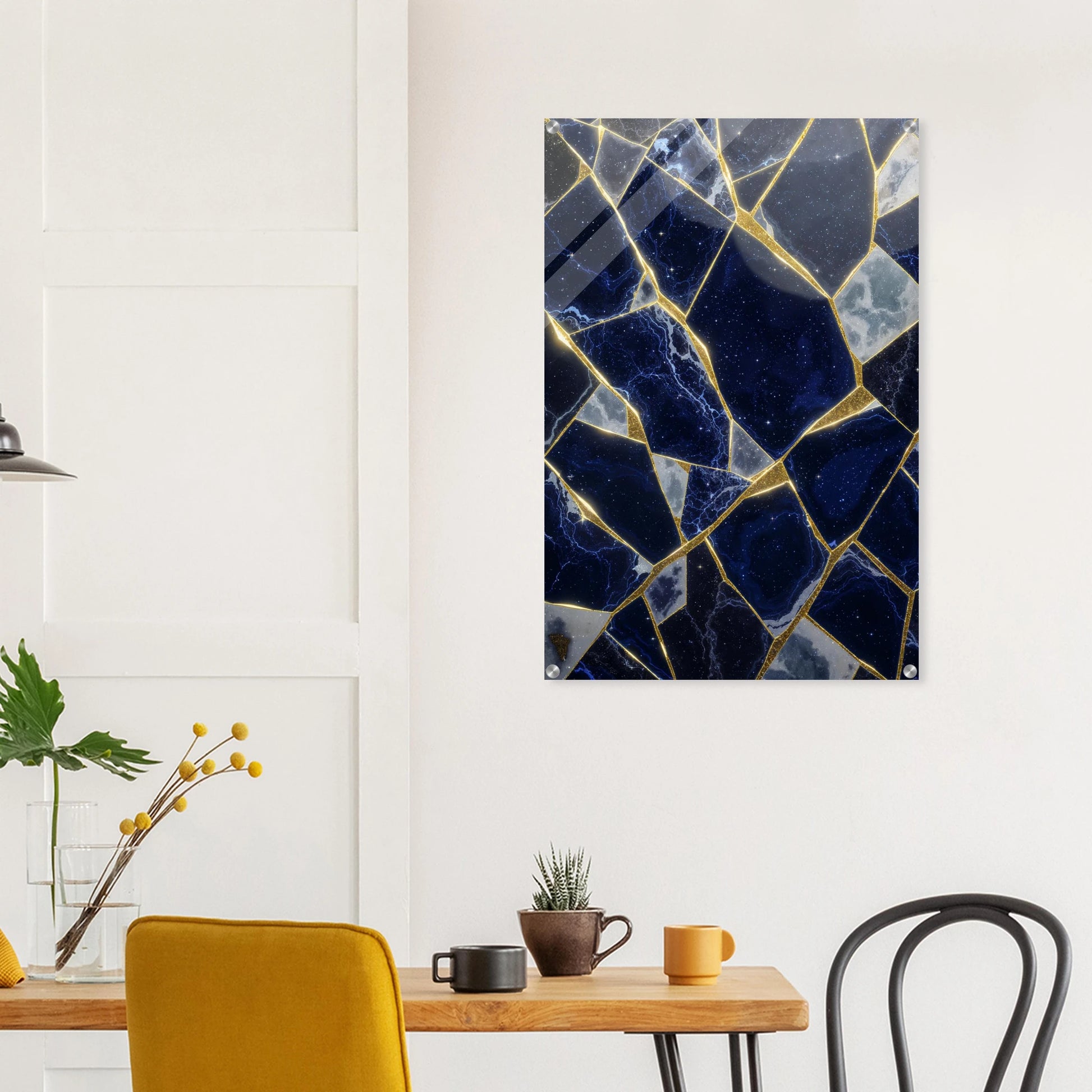Marble-patterned wall art above a wooden table with chairs in a room setting.