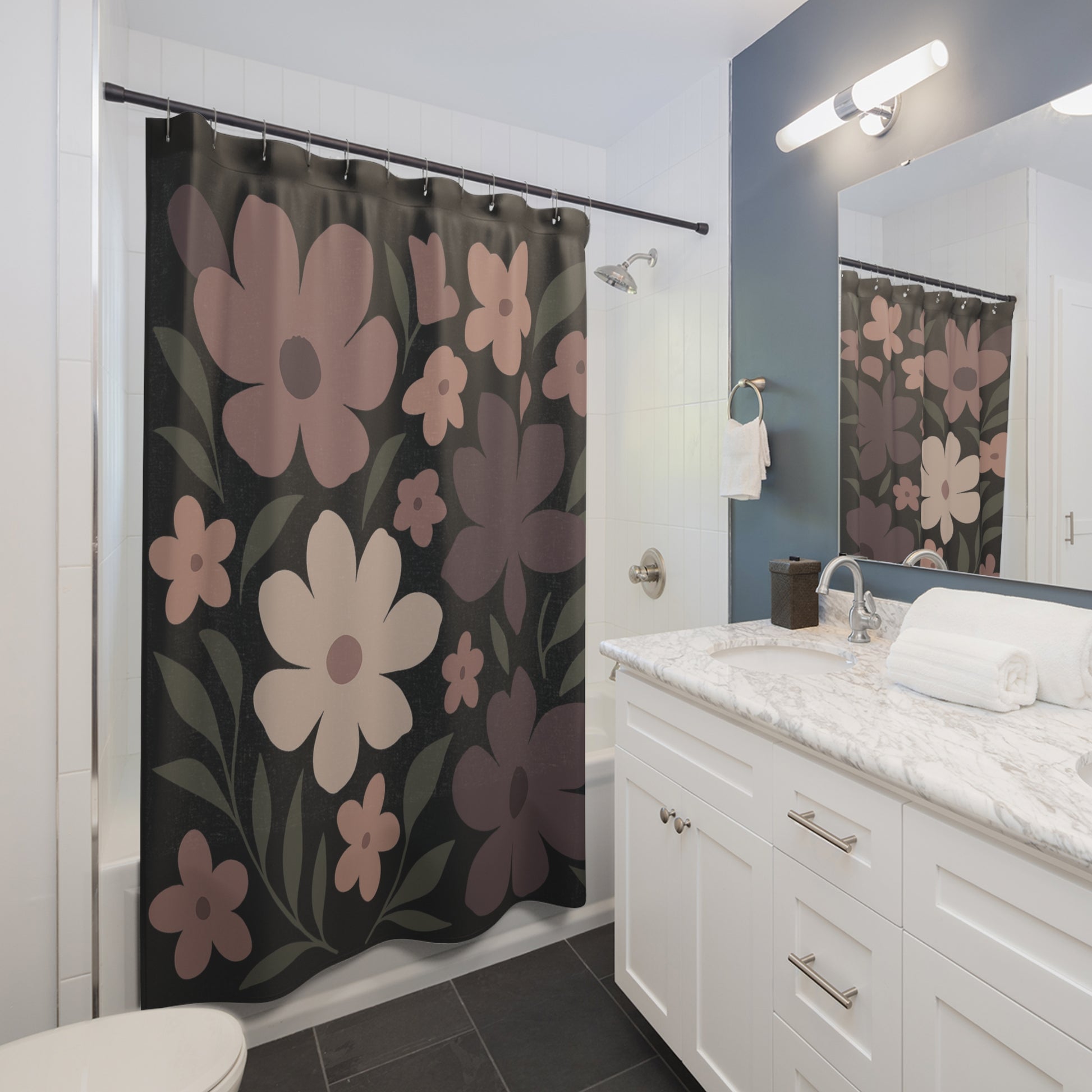 Bathroom with floral shower curtain and white vanity