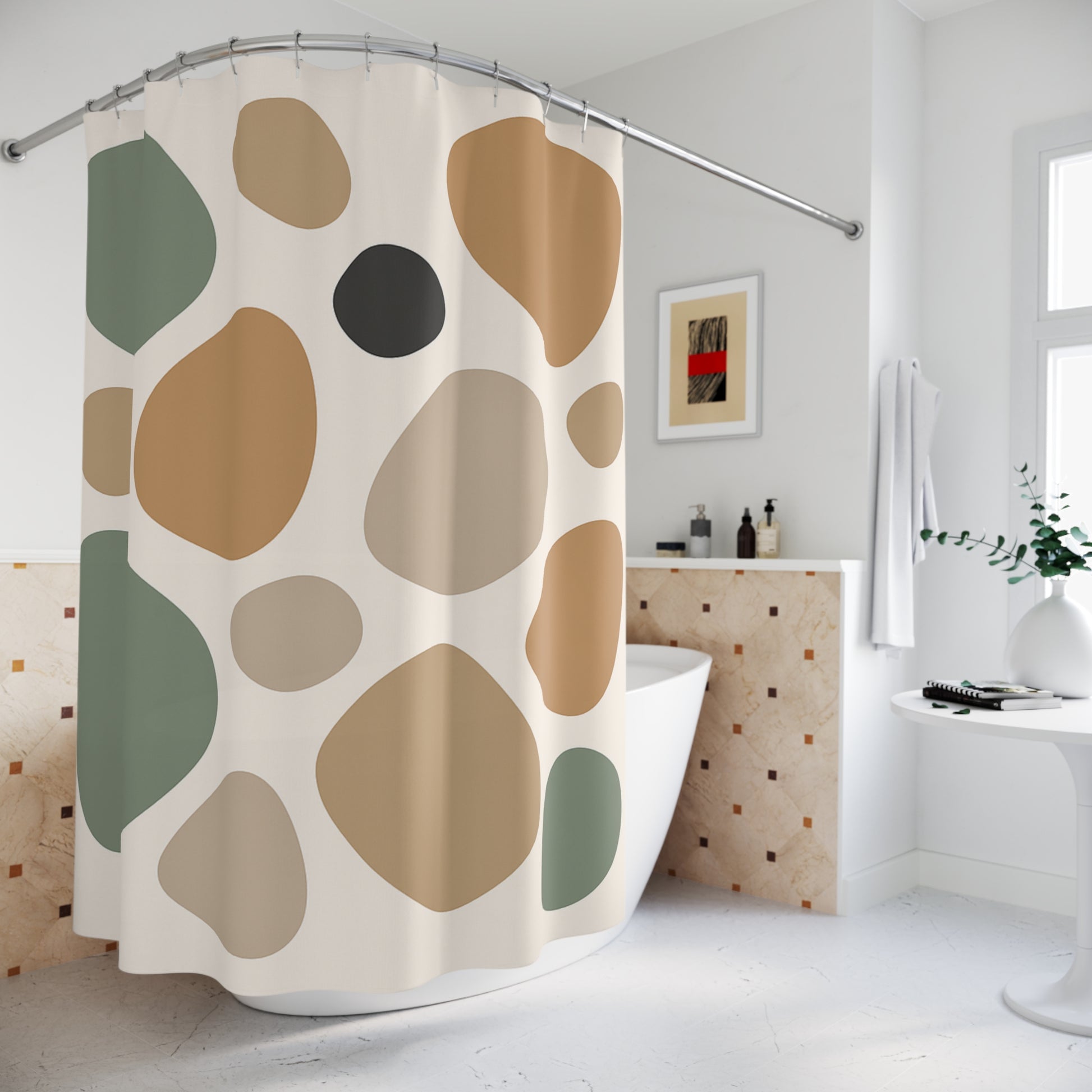 Shower curtain with abstract leaf pattern in a bathroom setting