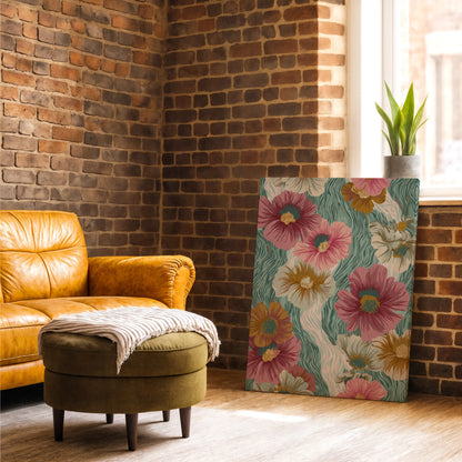 Boho Floral Canvas Wall Art – Vintage Botanical Flower Print in Teal & Warm Tones