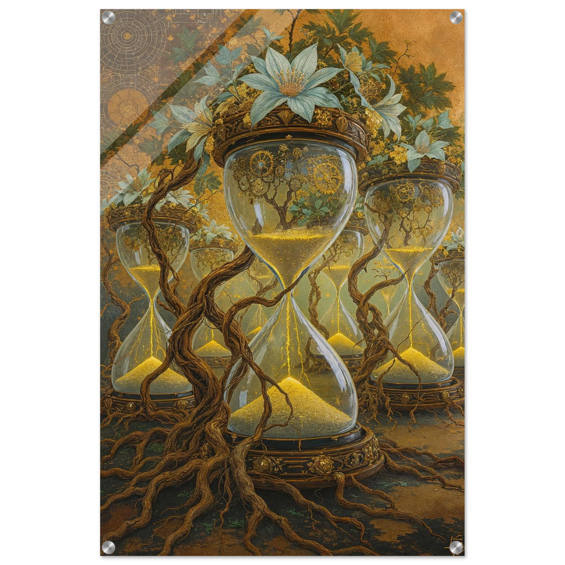 Artistic depiction of hourglass with floral and root elements on a detailed background