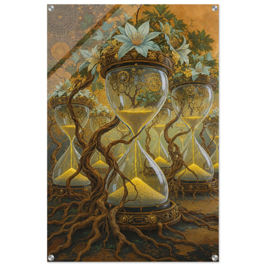 Artistic depiction of hourglass with floral and root elements on a detailed background