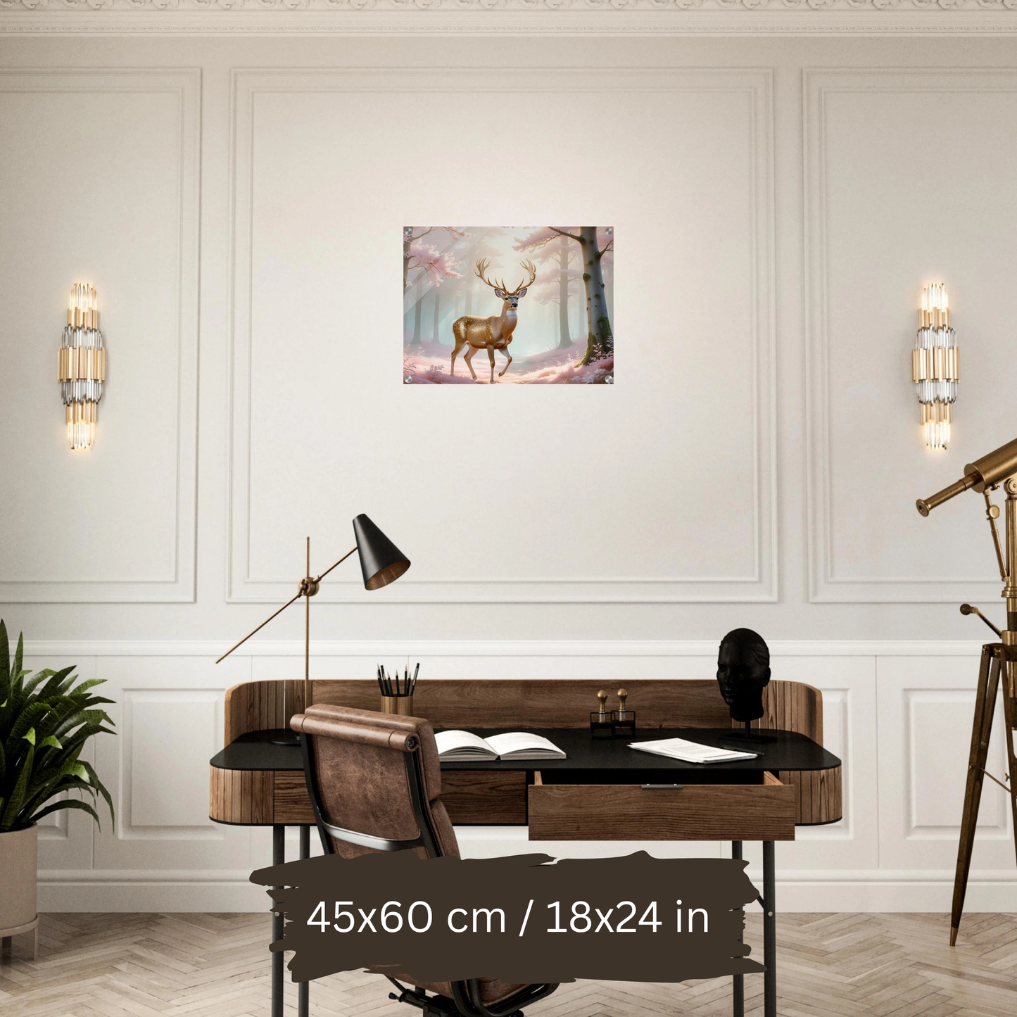 Golden Deer in Cherry Blossoms – Acrylic Wall Art