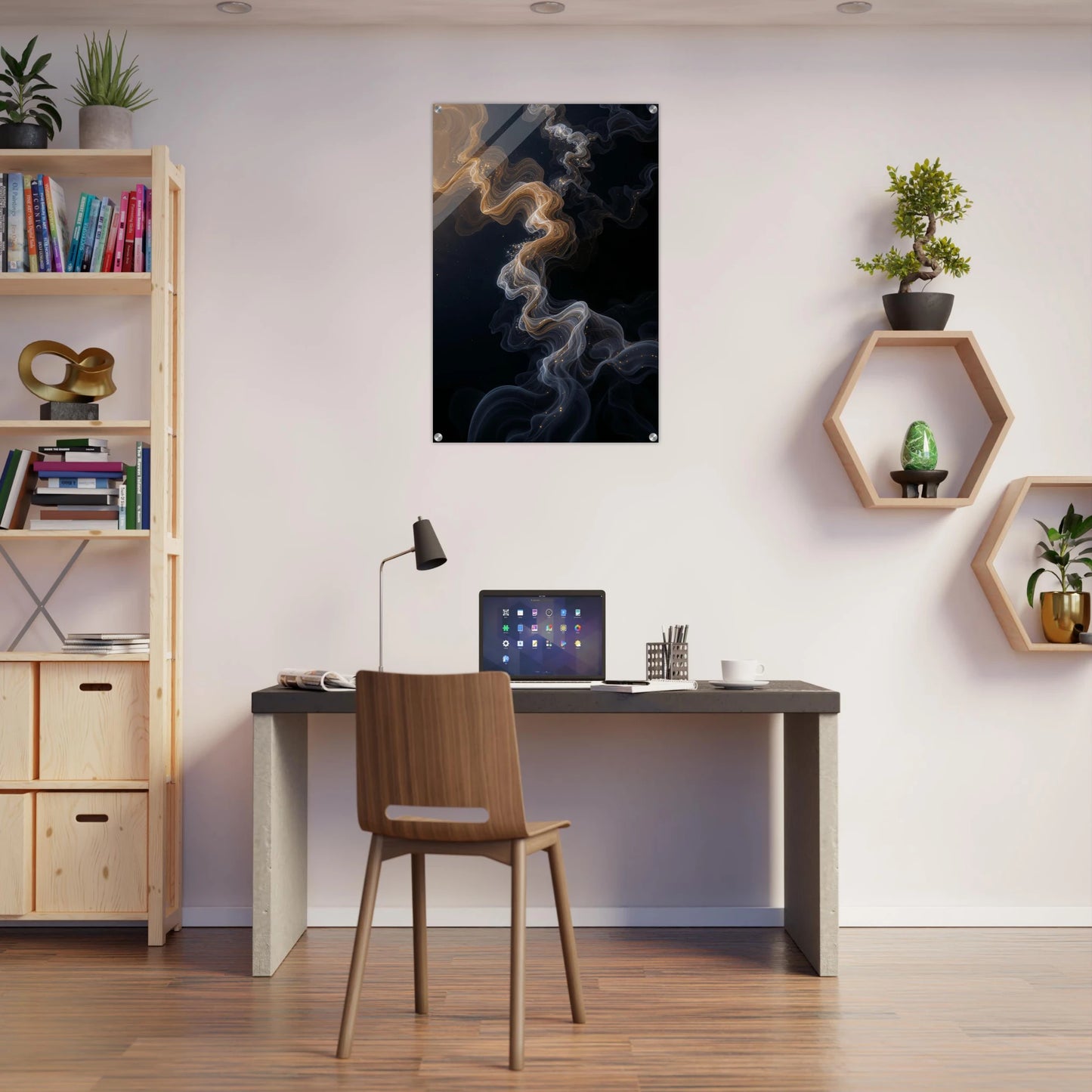 Modern home office with a desk, chair, and wall art