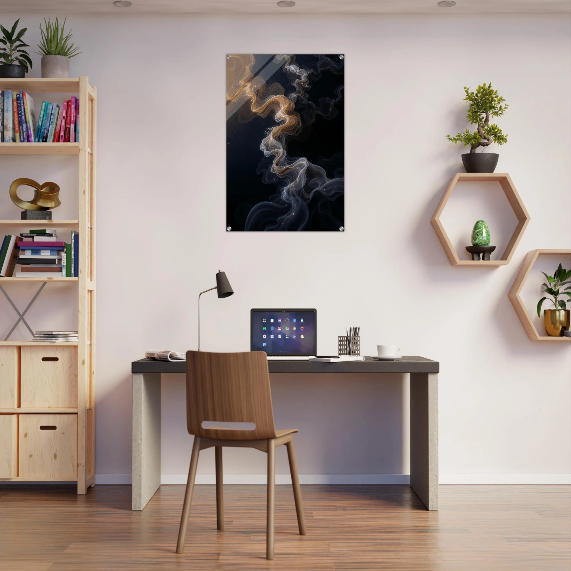 Modern home office with a desk, chair, and wall art
