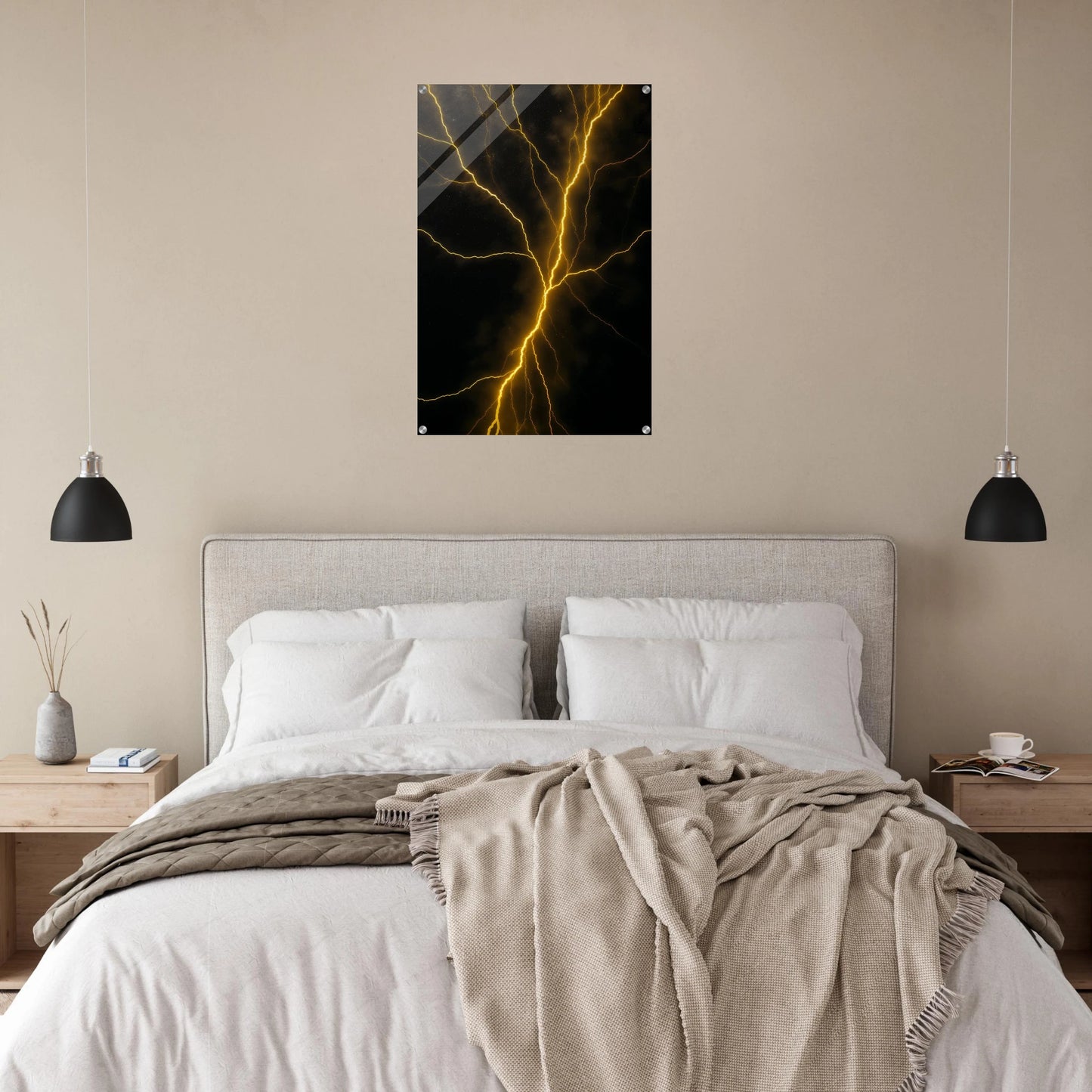 Bedroom with a bed, nightstands, and a wall art piece of lightning.