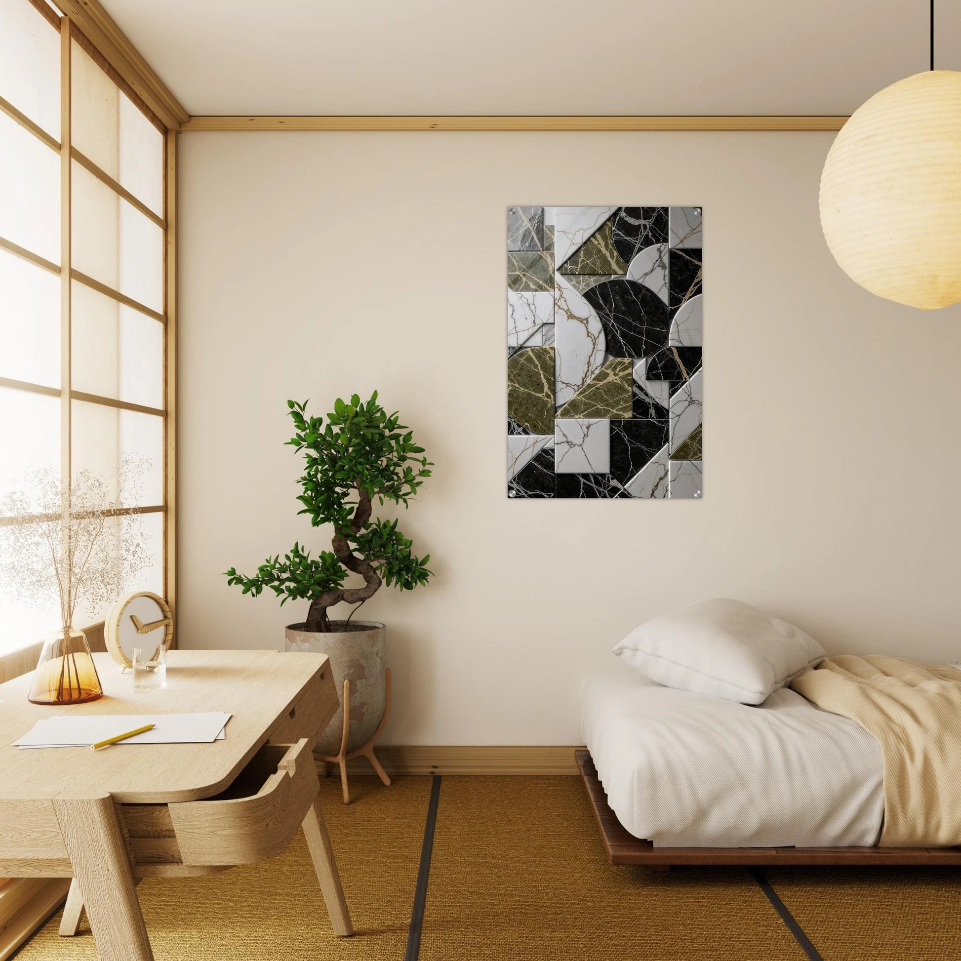 Modern bedroom with a desk, plant, and abstract wall art.