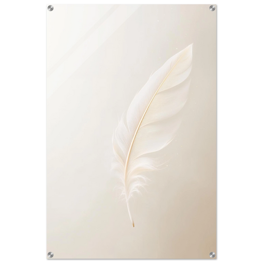 Decorative wall art with a white feather on a light beige background