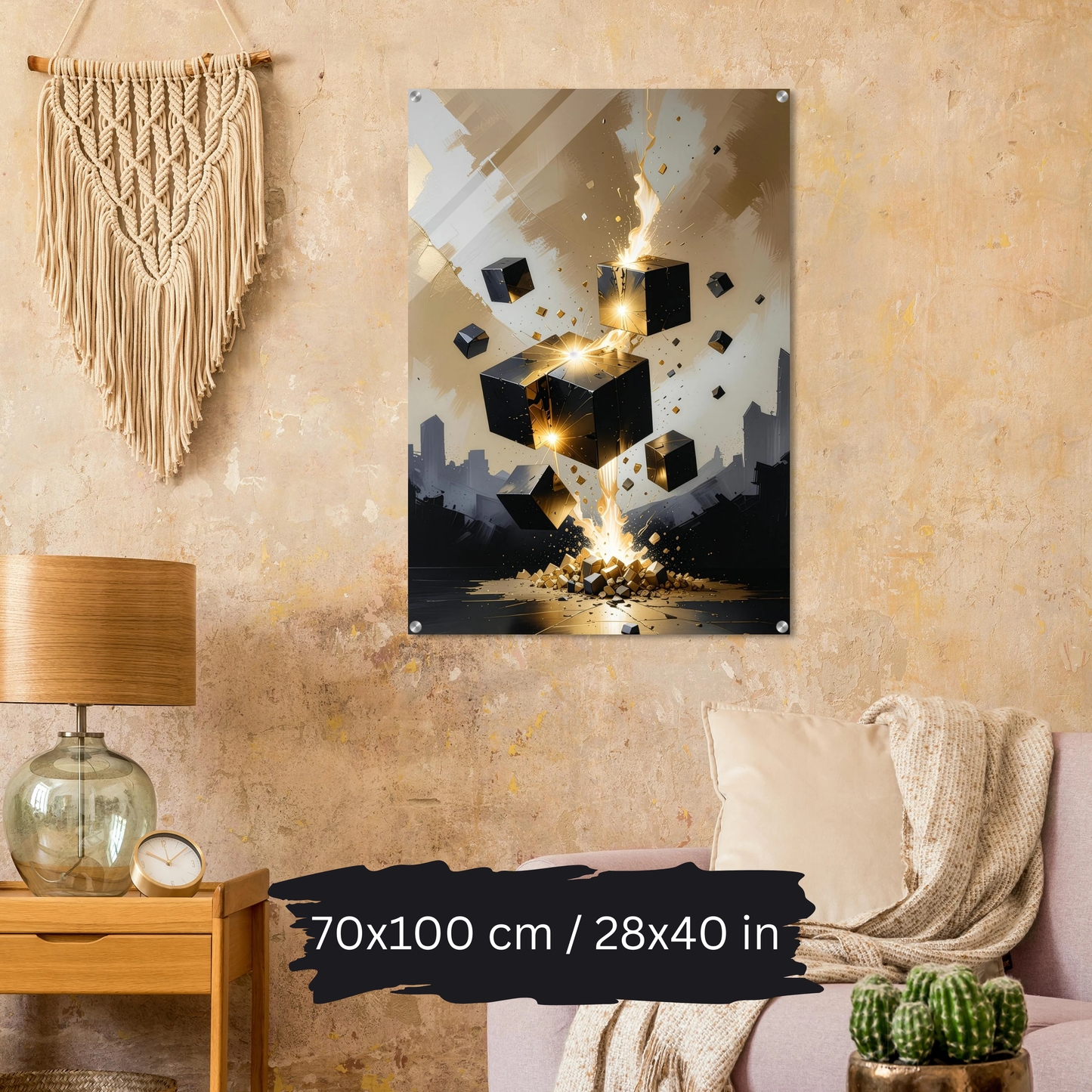 Luxury Acrylic Wall Art – Black & Gold Cubes Explosion (2 Designs)