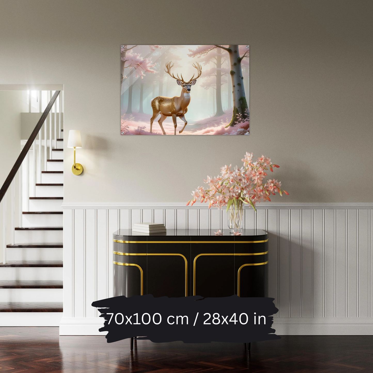 Golden Deer in Cherry Blossoms – Acrylic Wall Art