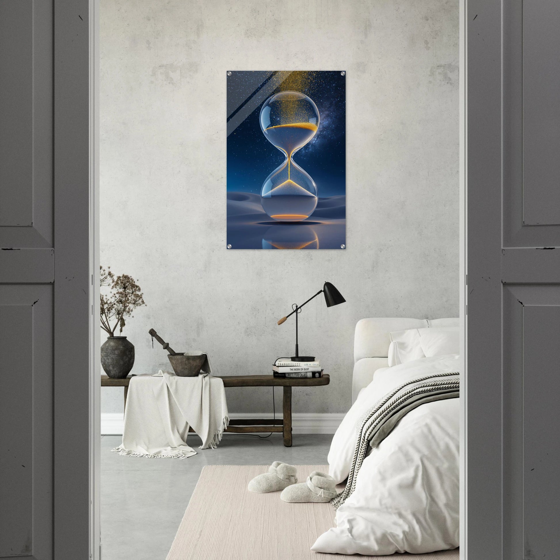 Modern bedroom with a large abstract painting of an hourglass on the wall.