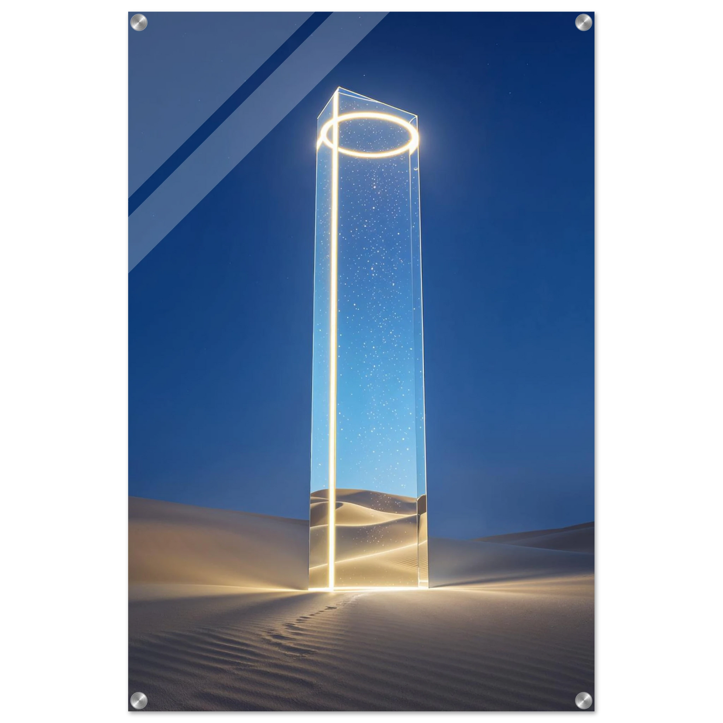 Glass monolith in a desert landscape with a blue sky