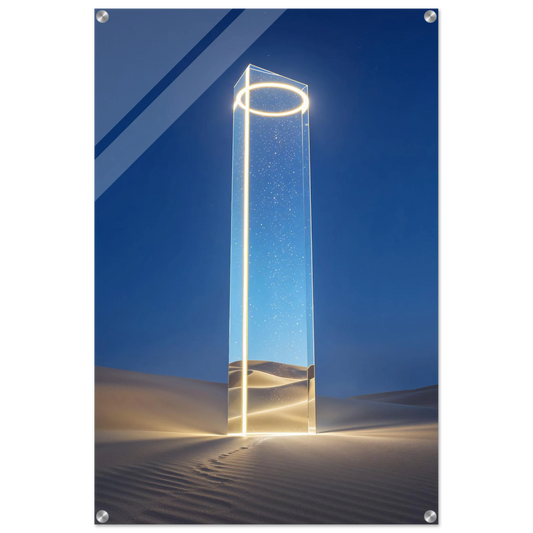 Glass monolith in a desert landscape with a blue sky