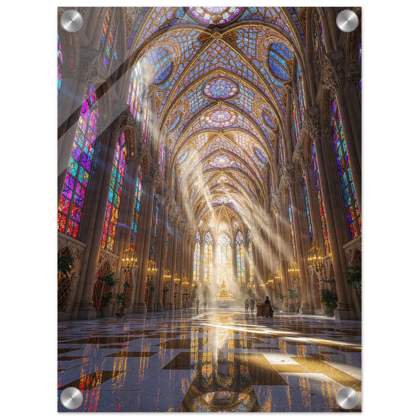 Stained glass windows in a cathedral with sunlight streaming through