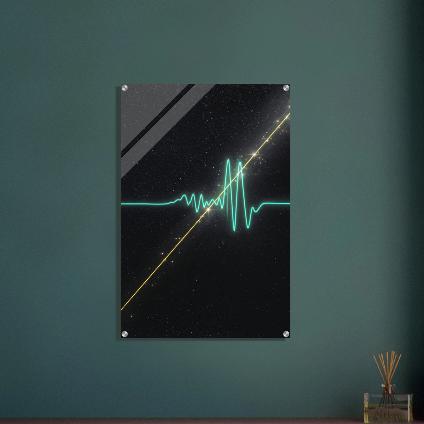 Futuristic design with green and yellow lines on a dark background, mounted on a teal wall.