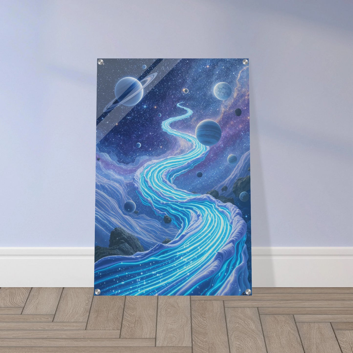 Futuristic landscape with a river of light on a wall