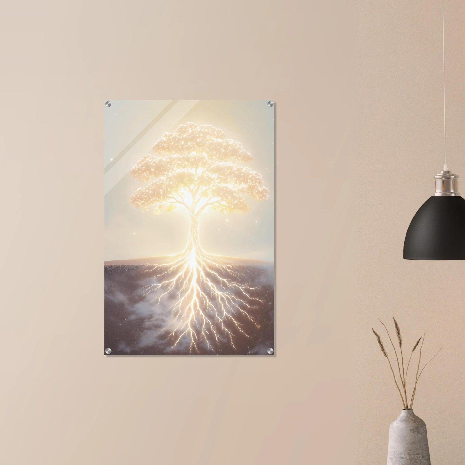 Artistic depiction of a tree with roots extending into water on a beige wall.
