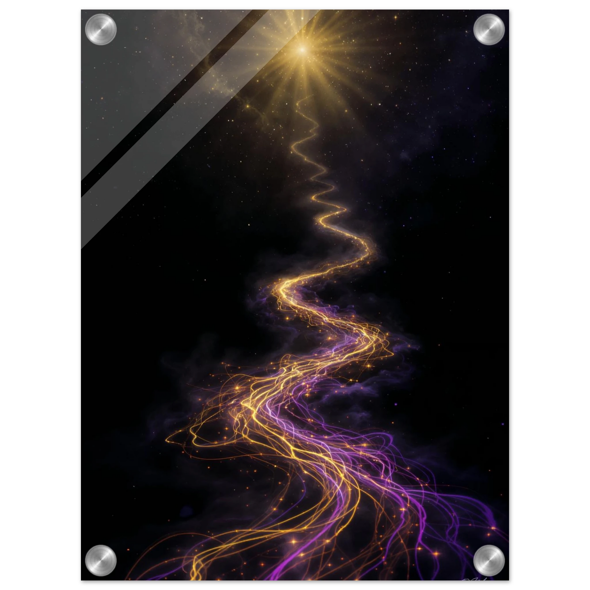 Starry night sky with a bright star and wavy light streaks on a dark background